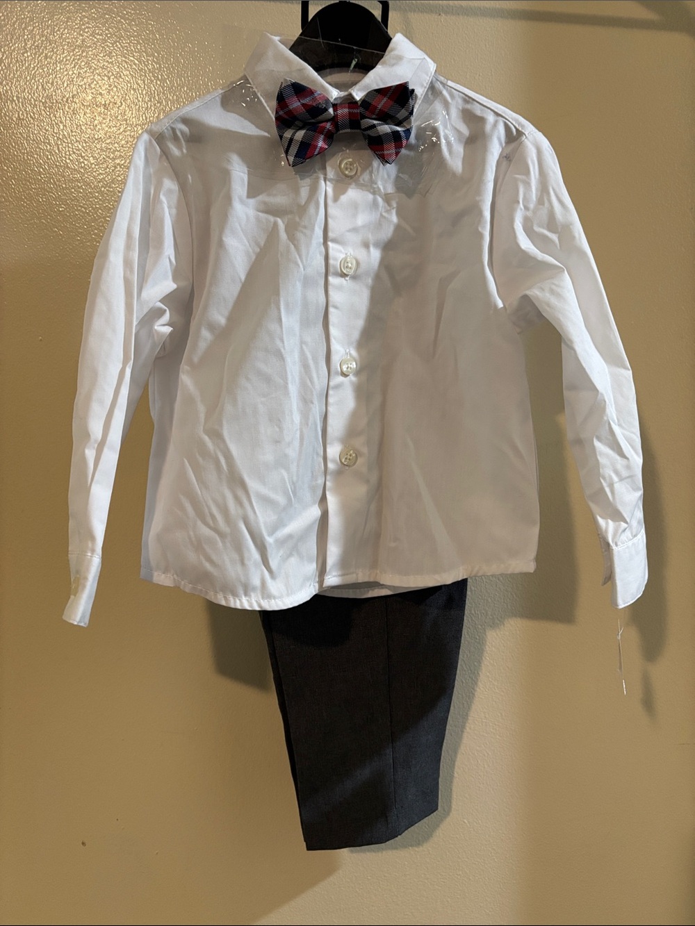 Nautica White, Dress Shirt with Plaid Bow Tie and grey pants for 24 Mths NWT